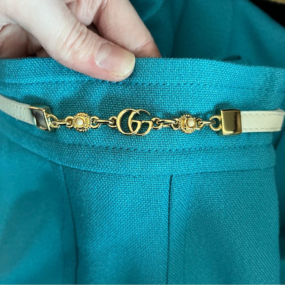 Gucci Turquoise Viscose Linen Pleated Midi Skirt with White Leather Gold GG Belt - Picture 7 of 11